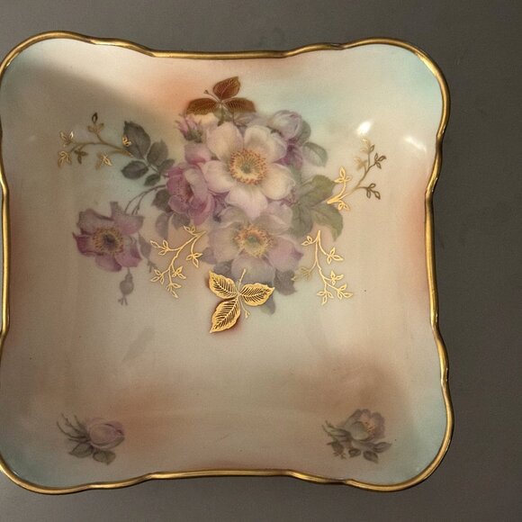 Vintage SCHUMANN ARZBERG Wild Rose Square Bowl Candy Trinket Dish Gold Trim - Picture 2 of 12